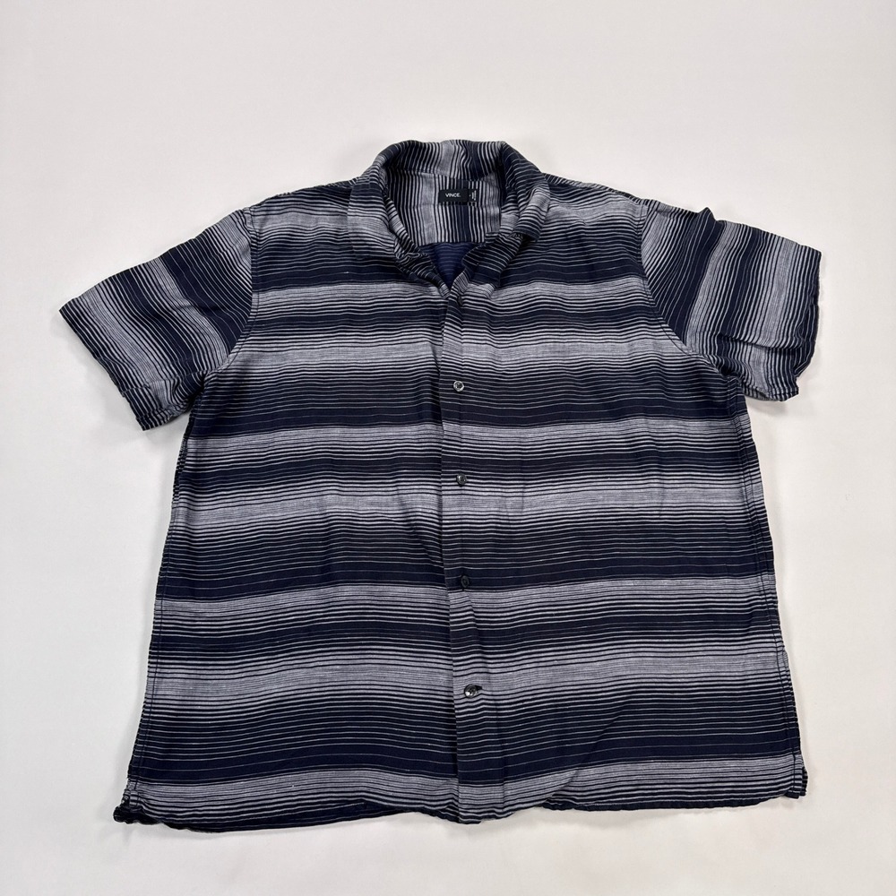 Vince Shirt Mens Large Blue Striped Button Up Linen Camp Short Sleeve Coastal